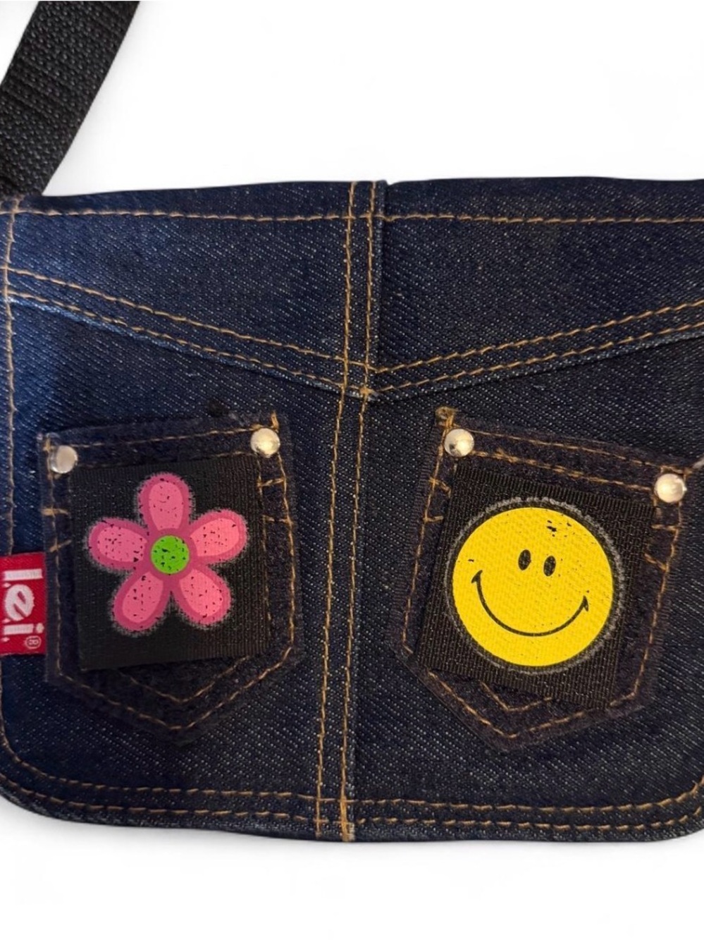 VTG 90s Y2K L.E.I Denim Jean Smiley Flower Power Wallet Bag Adjustable Strap